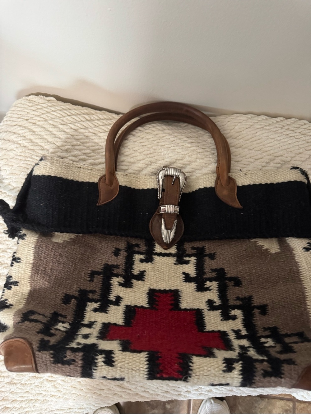 Southwestern Woven Shoulder Bag with Brown Leather Handles and Red Accent